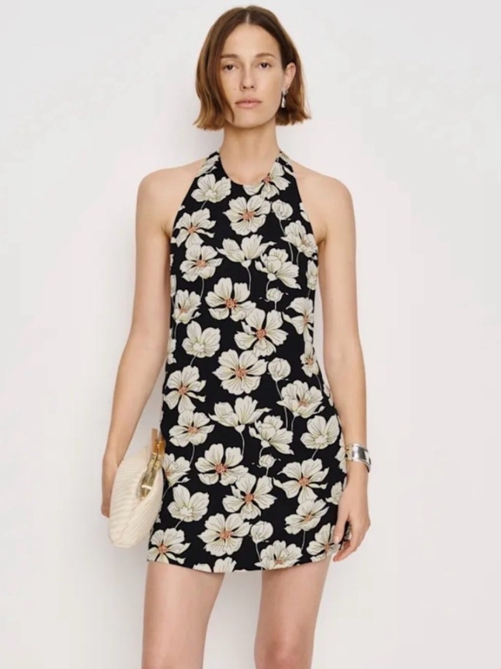 Reformation Black Halter Mini Dress with Cream Floral Print